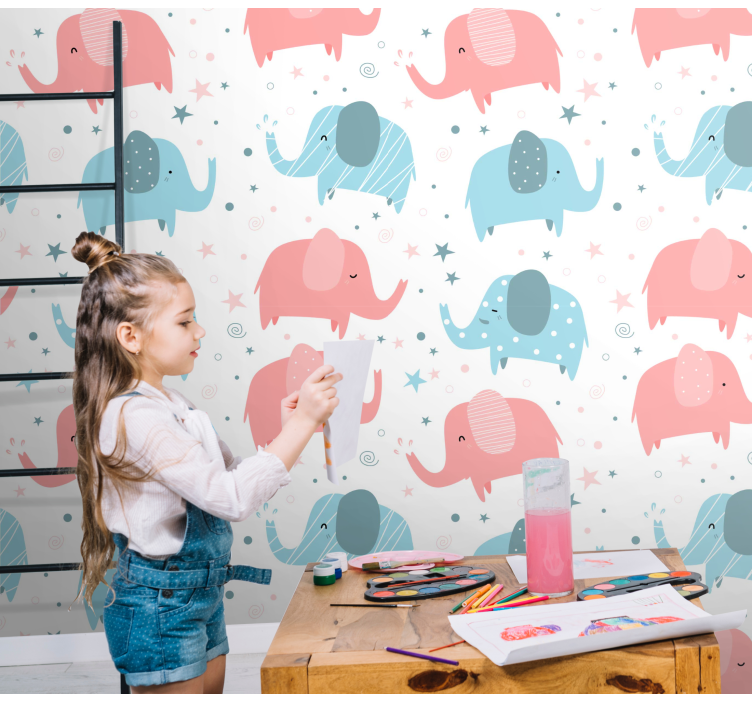 Papier peint enfant éléphant rose et bleu - TenStickers