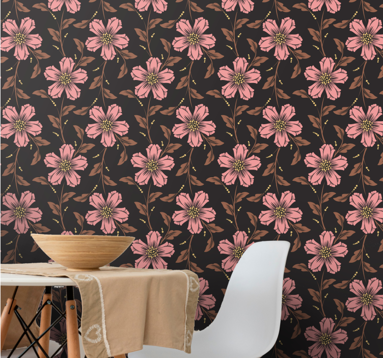 Papier peint fleuri Fleurs roses avec des branches - TenStickers
