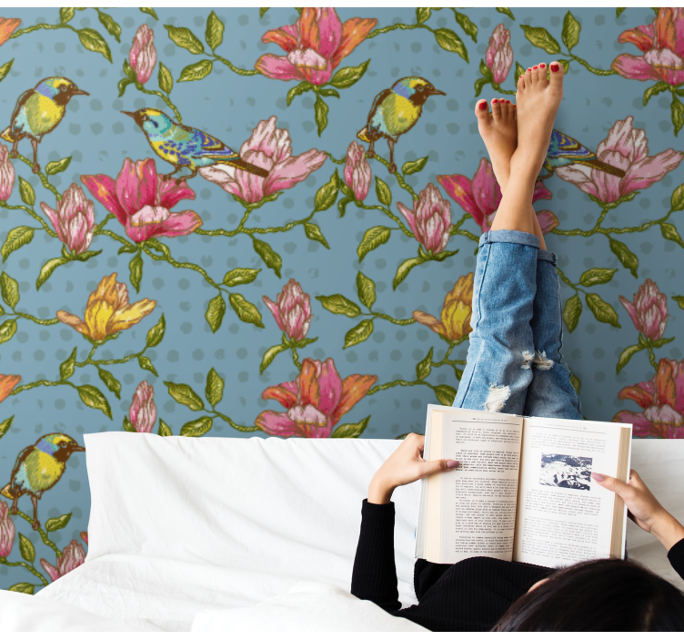 Papier peint fleur Oiseaux jaunes avec des fleurs - TenStickers