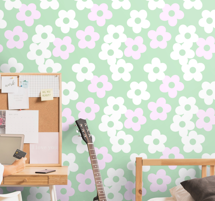 Papier peint vert avec fleurs blanches et roses - TenStickers