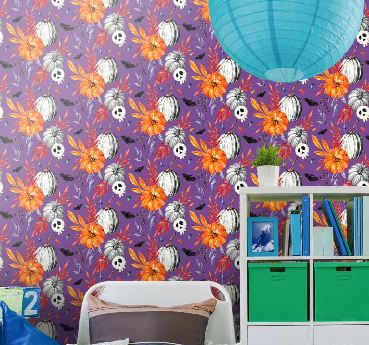 Papier peint halloween crânes floraux orange - TenStickers
