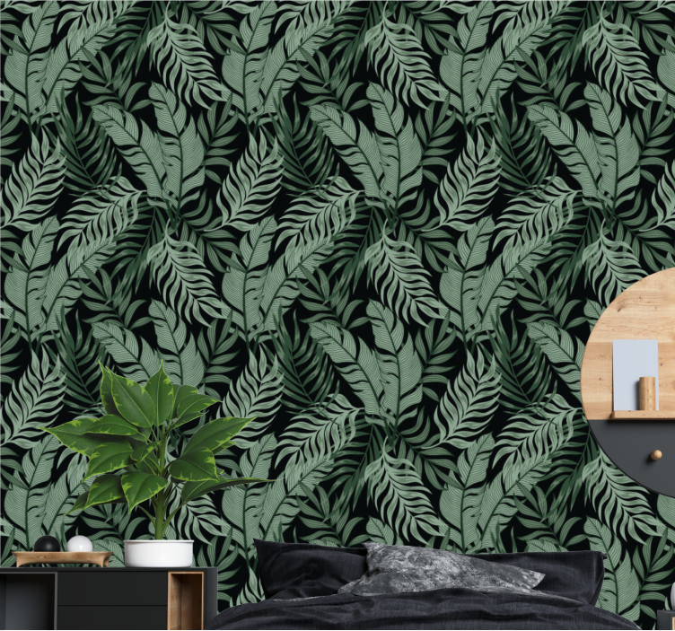 Papier peint jungle fond noir tropical feuillu - TenStickers