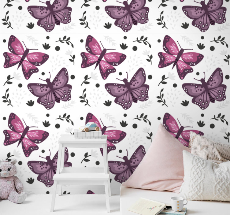 Papier peint papillons motif rose avec des feuilles - TenStickers