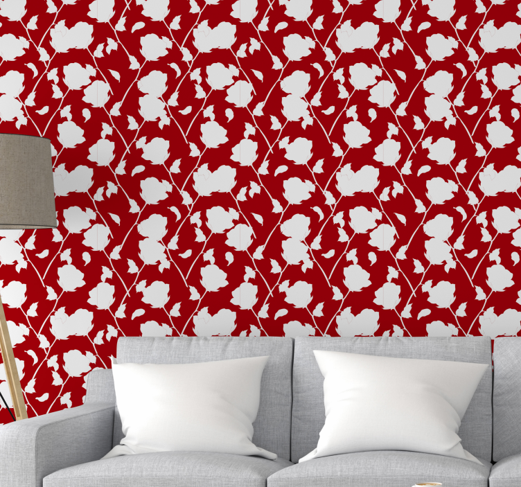 Papier peint salon rouge avec des roses blanches - TenStickers
