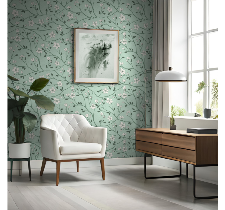 Papier peint vert menthe branches avec fleurs - TenStickers