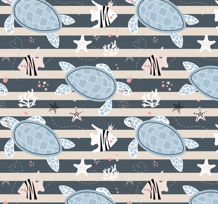Papier peint motif nautique tortues et rayures - TenStickers