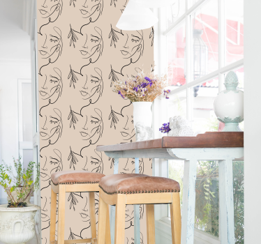 Papier peint beige visages de lignes abstraites - TenStickers