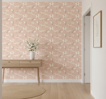 Papier peint couloir motif floral lys blanc sur fond nude - TenStickers