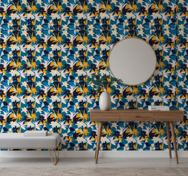 Papier peint couloir motif floral lys blancs sur fond bleu - TenStickers